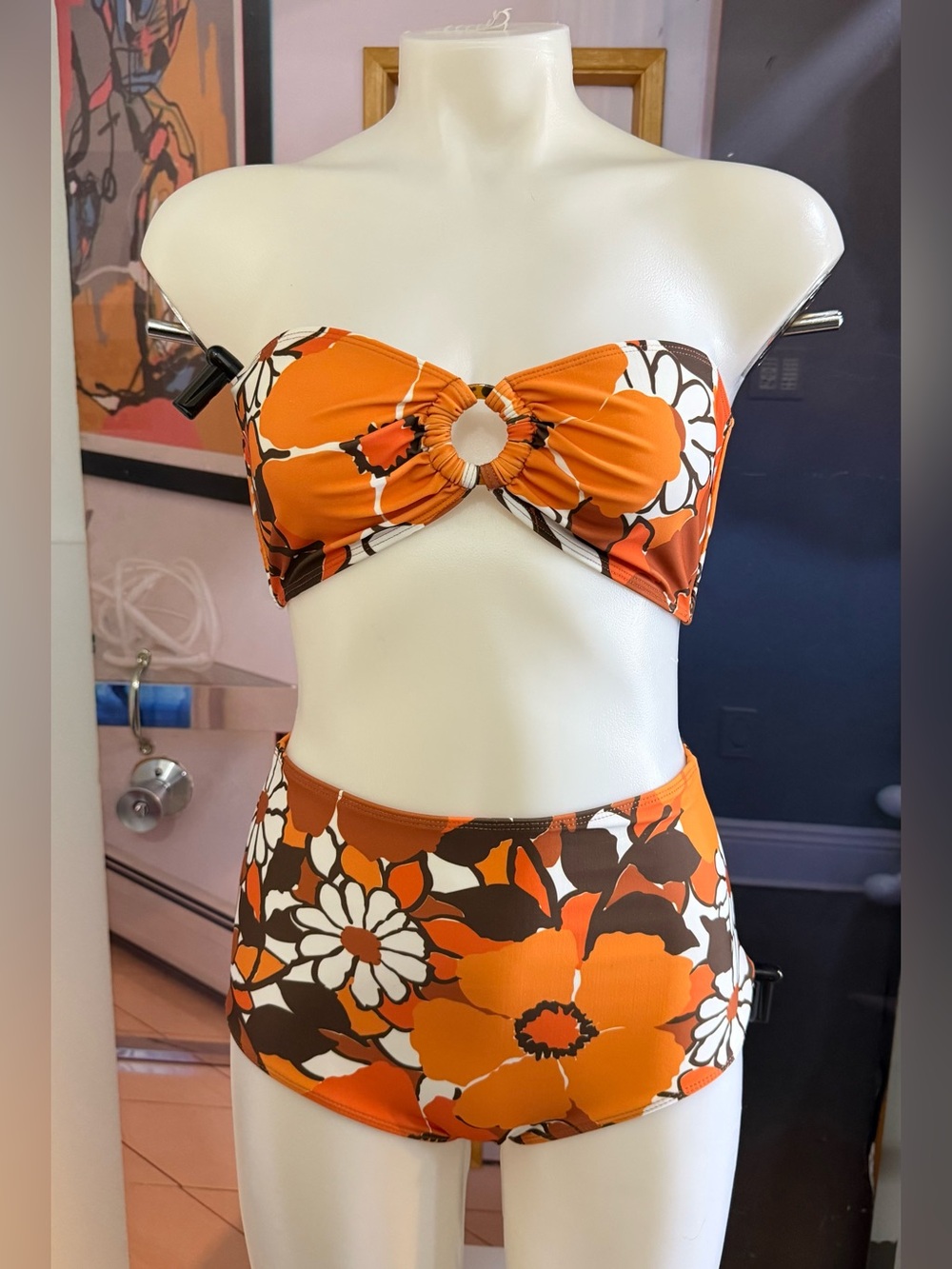 Faithfull The Brand White Lined Bikini Top with Brown Trim